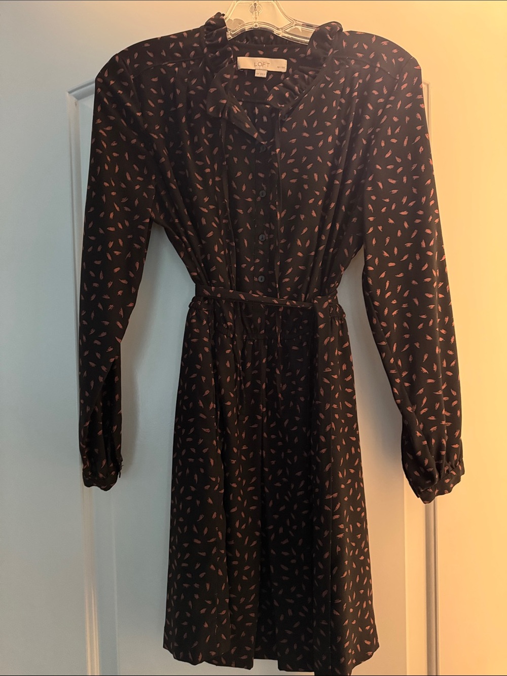 LOFT Black Long-Sleeve Shirt Dress with Red Leaf Motif